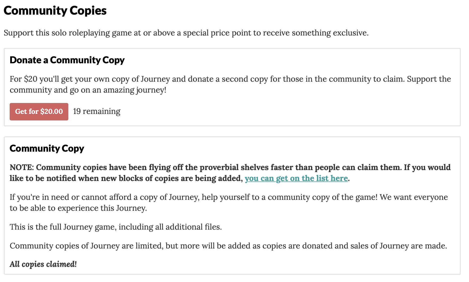 The Community Copies form on Itch.io for Journey by Graycastle Press