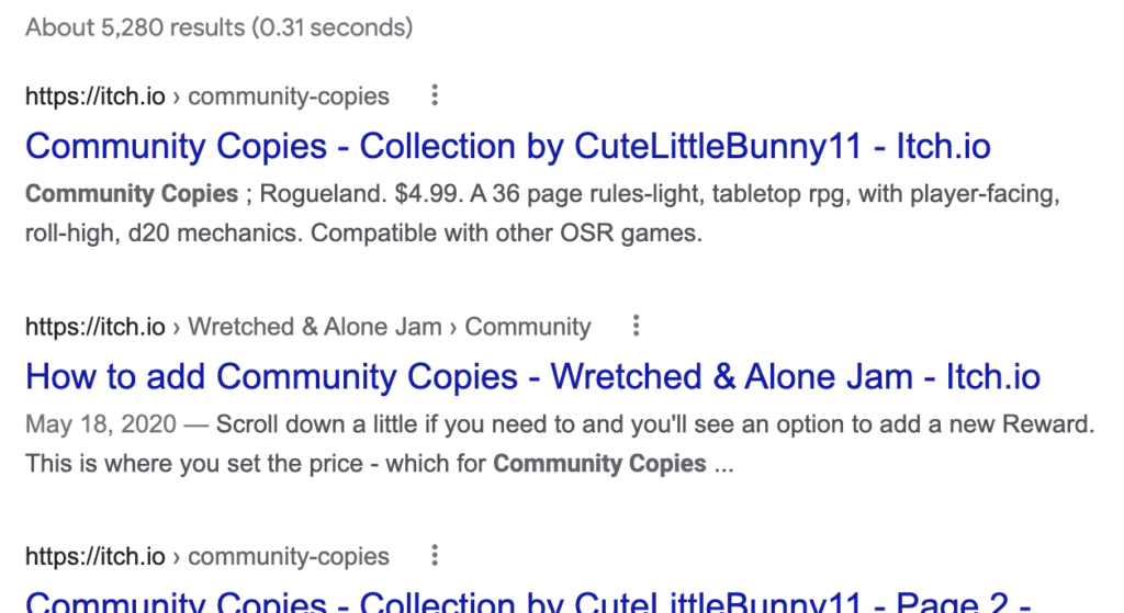 Example Google search for Itch.io community copy collections