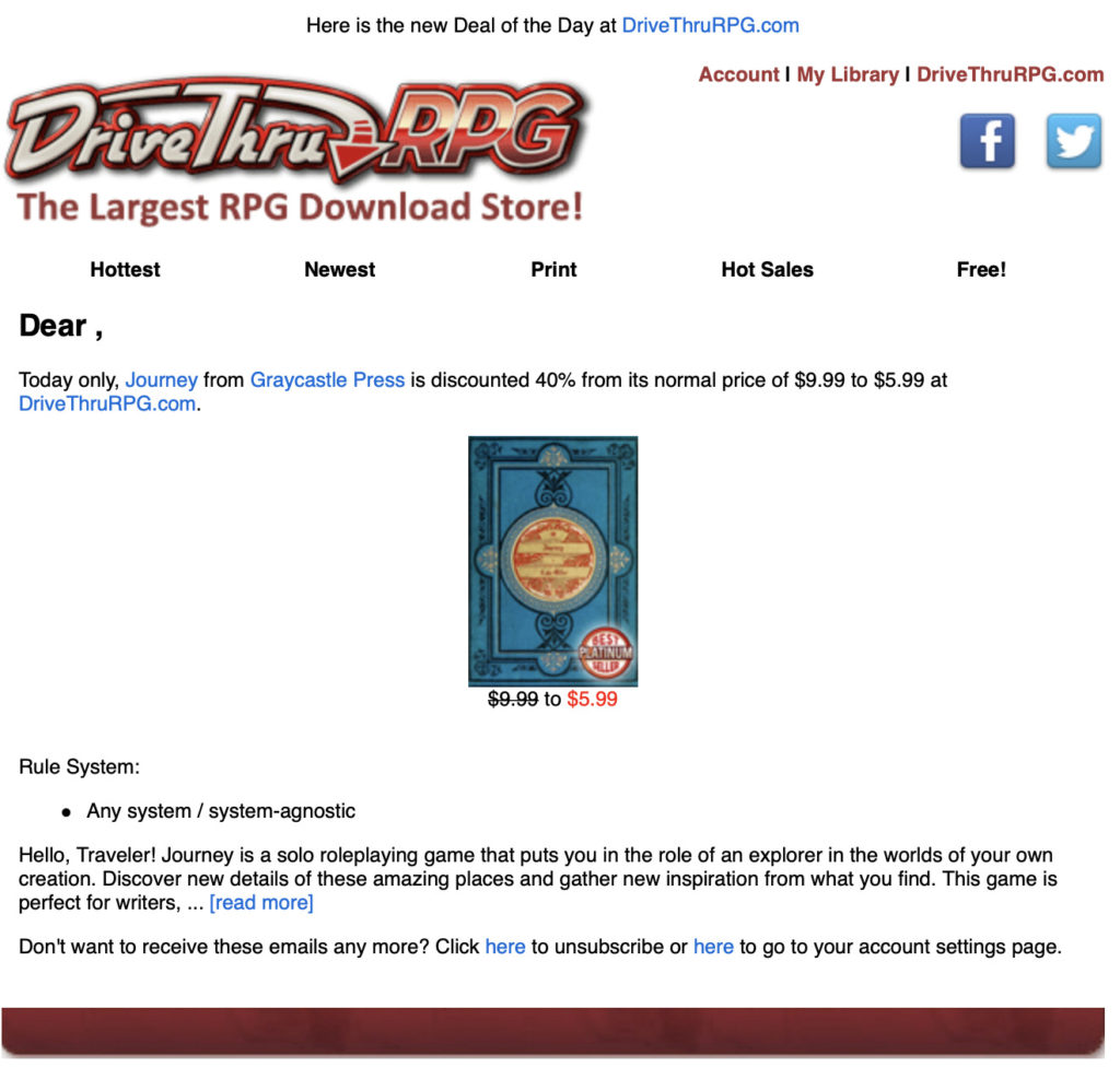 Image showing the official email from DriveThruRPG showcasing Journey as the Deal of the Day