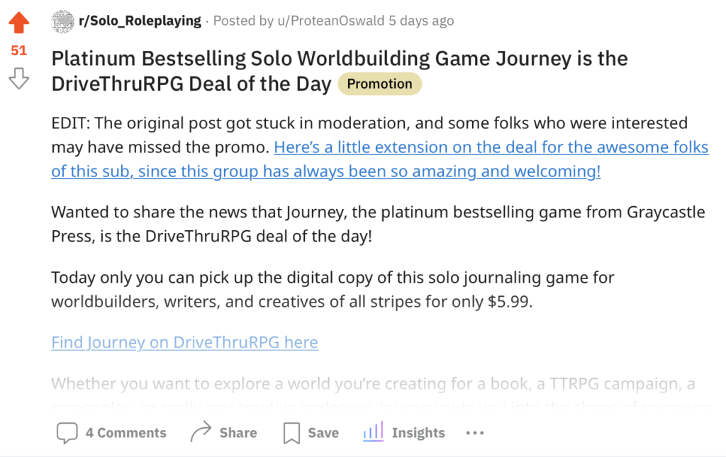 Post to the r/Solo_Roleplaying subreddit about the Journey Deal of the Day