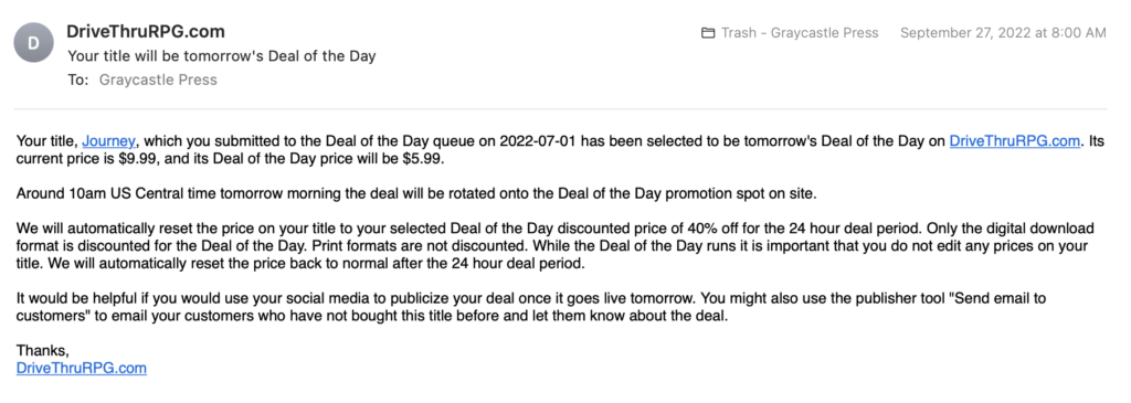 Screenshot of the official Deal of the Day notification I received from DriveThruRPG